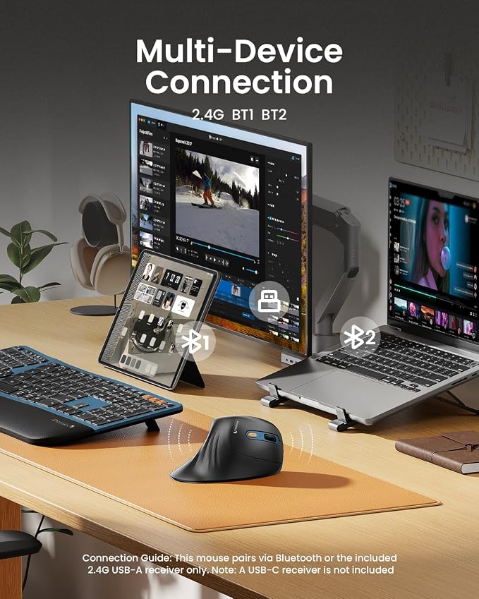 ProtoArc EM11 NL Wireless Ergonomic Mouse, Rechargeable Vertical Mouse | 58° vertical design supports a natural wrist posture, connect 3 devices via Bluetooth/2.4G USB-A, 500mAh USB-C rechargeable. - Image 2
