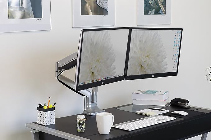 Mount-It! (MI-1772) Dual Monitor Arm Mount Desk Stand Two Articulating Gas Spring Height Adjustable Arms | Fits Up To 32" VESA 75 100 Compatible Screens | C-Clamp and Grommet Bases (Silver) - Image 4