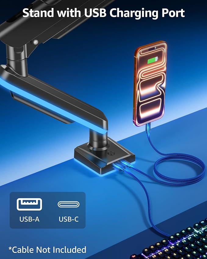 MOUNTUP RGB Single Monitor Arm Fits 32 27 24 22 inch, Holds 4.4-22lbs Screens, Monitor Stand for Desk with RGB Lights, 19 Modes, Computer Monitors Desk Mount, VESA Mount with Clamp & Grommet Bases - Image 8