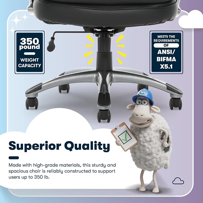 Serta Ergonomic Big and Tall Executive Office Chair Lumbar Support, Leather | Fairbanks, Gaming Chair with Headrest, 350lb Capacity, Padded Arms, Semi-Plush Seat Cushion, Adjustable Height & Tilt, Black - Image 11