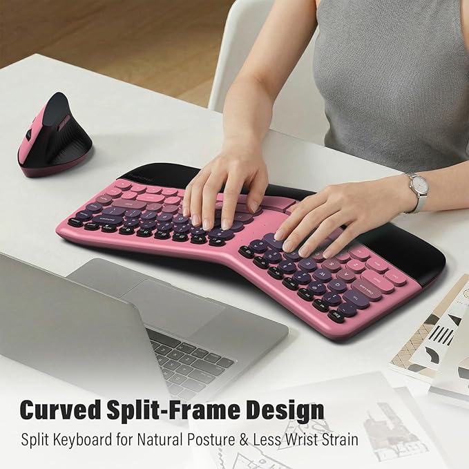 MOFII Wireless Ergonomic Keyboard and Mouse Combo, Split Curved Keyboard with Wrist Rest, Vertical Mouse, 2.4G, for PC Laptop Desktop Mac- Pink Gradient Colorful - Image 2
