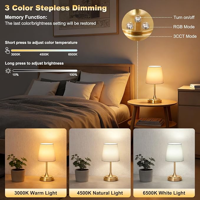 Wowag Small Cordless Table Lamp Rechargeable,5000mAh Battery Operated Desk Lamp,3 Colors & 7 RGB Stepless Dimmable,Touch Ambient Light for Bedside,Bedroom,Dining Room,Living Room,Gold,WhiteShade - Image 2