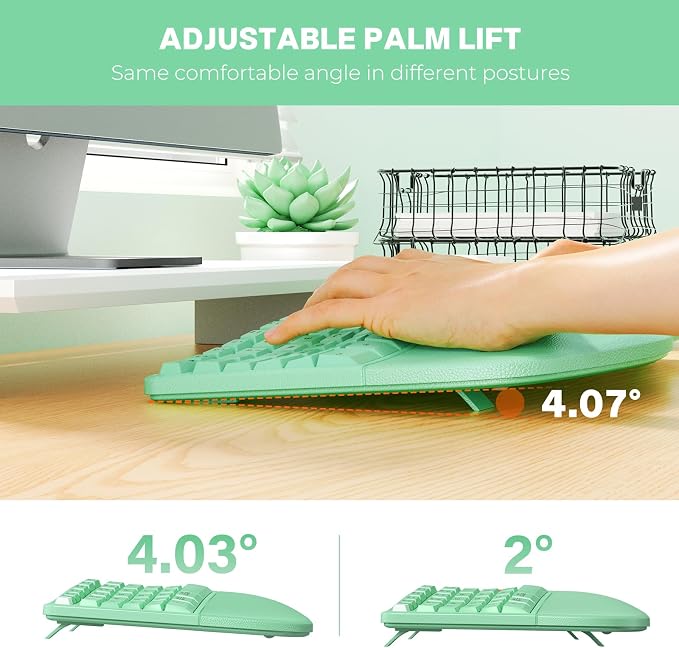MEETION Ergonomic Keyboard Mouse Combo, Split Design Vertical Mouse Green | Rechargeable full-size keyboard with cushioned wrist rest, 2.4GHz USB receiver, natural typing, for Windows, Mac, PC, laptop - Image 3