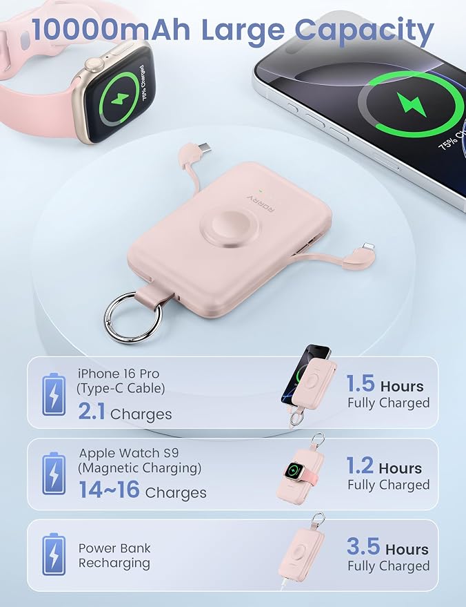 RORRY CharmGo Portable Charger, 10000mAh 20W Fast Charging Power Bank | Built-in Cables, Travel Keychain Battery Pack Essentions for Apple Watch 1~11 Series/Ultra/SE & iPhone Air/17/16/15/14/13/12 - Image 5