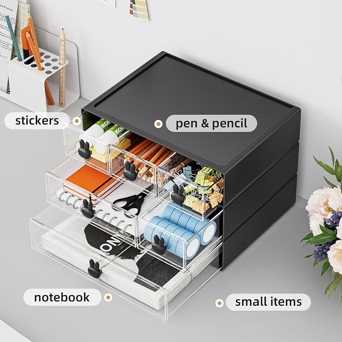 Marbrasse Desk Organizer with 6 Drawers, 3 Tier Stackable Storage Drawers Plastic Makeup Storage, Office Organizers and Storage, Desk Storage Box for Office, School, Home Black - Image 4