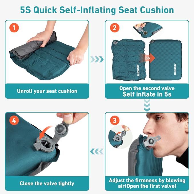 Inflatable Seat Cushion, 2 Pack Self Inflating Memory Foam Portable Stadium Seat Cushions for Bleachers Lightweight Camping Comfort Airplane Cushion for Long Flights Outdoor Events (2 Pack Blue) | Airplane Bleacher Seat Cushion Comfortable & Portable B... - Image 4