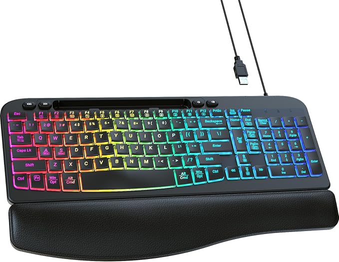 Wired Ergonomic Keyboard, Backlit USB Computer Keyboard with Wrist Rest | 7-Color Backlit Keyboard with Wrist Rest, Wave Keys, Phone Holder, Lighted Keyboard for PC, Laptop, Windows, and Mac by VEILZOR