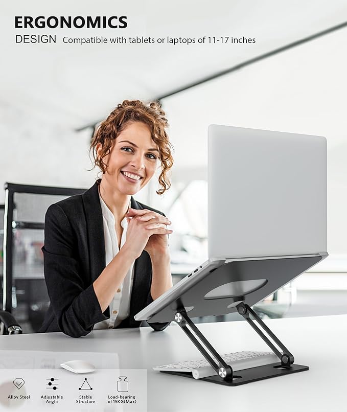 BoYata Laptop Stand, Adjustable Multi-Angle Riser, Up to 17 Inches, Black | Sturdy Alloy Steel, Heat-Vent Design and Silicone Pads Support Laptops up to 17 Inches, Including MacBook and Surface - Image 2