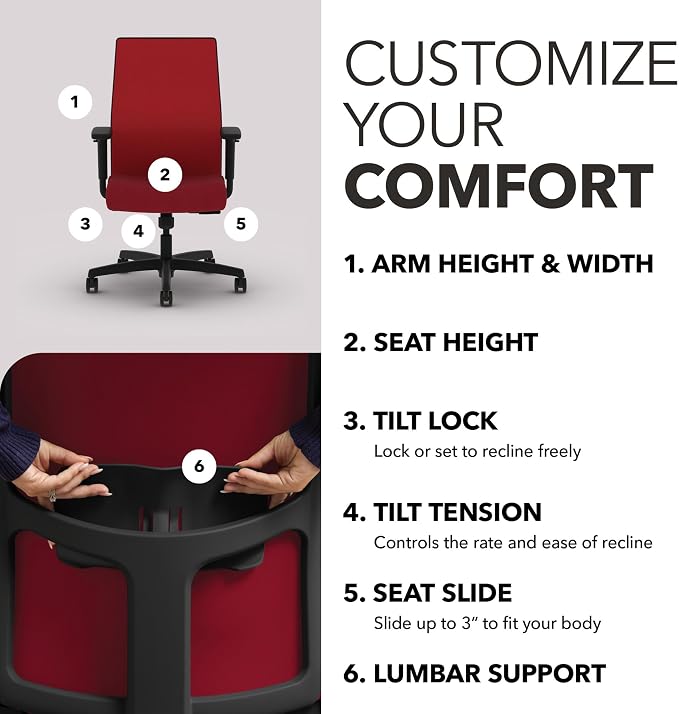 HON Ignition 2.0 Ergonomic Office Chair, Lumbar Support, Bullseye | Ergonomic office desk chair with lumbar support, adjustable arms, office decor, workstation comfort for focused productivity - Image 3