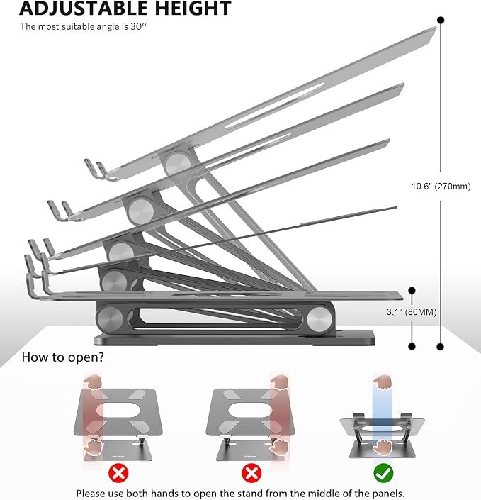 BoYata Laptop Stand, Adjustable Multi-Angle Riser, Up to 17 Inches,Gray | Sturdy alloy steel, heat-vent design and silicone pads support laptops up to 17 inches, including MacBook and Surface - Image 3