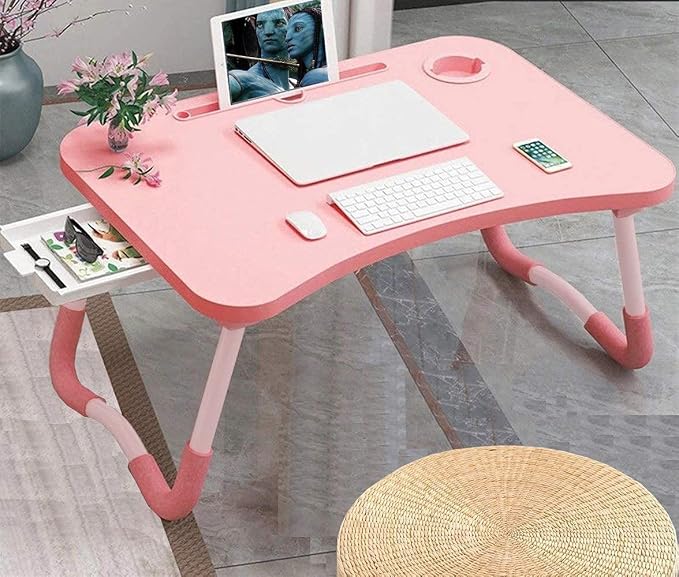 Laptop Desk Foldable Bed Table, Portable Lap Desk Laptop Bed Tray Table with Storage Drawer and Cup Holder, Lap TraysTables Notebook Stand Reading Desks Breakfast Tray for Beds Couch Sofa Floor – Pink - Image 2