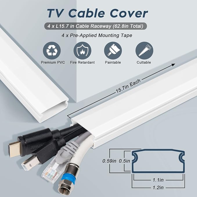 TV Cable Hider - 62.8in PVC Cord Hider Cable Management Wall, Paintable Cord Concealer for Wall Mounted TV, Cables Raceway White Wire Hider, Wall Wire Covers for Cords, 4* L15.7in *W1.2in *H0.59in - Image 2