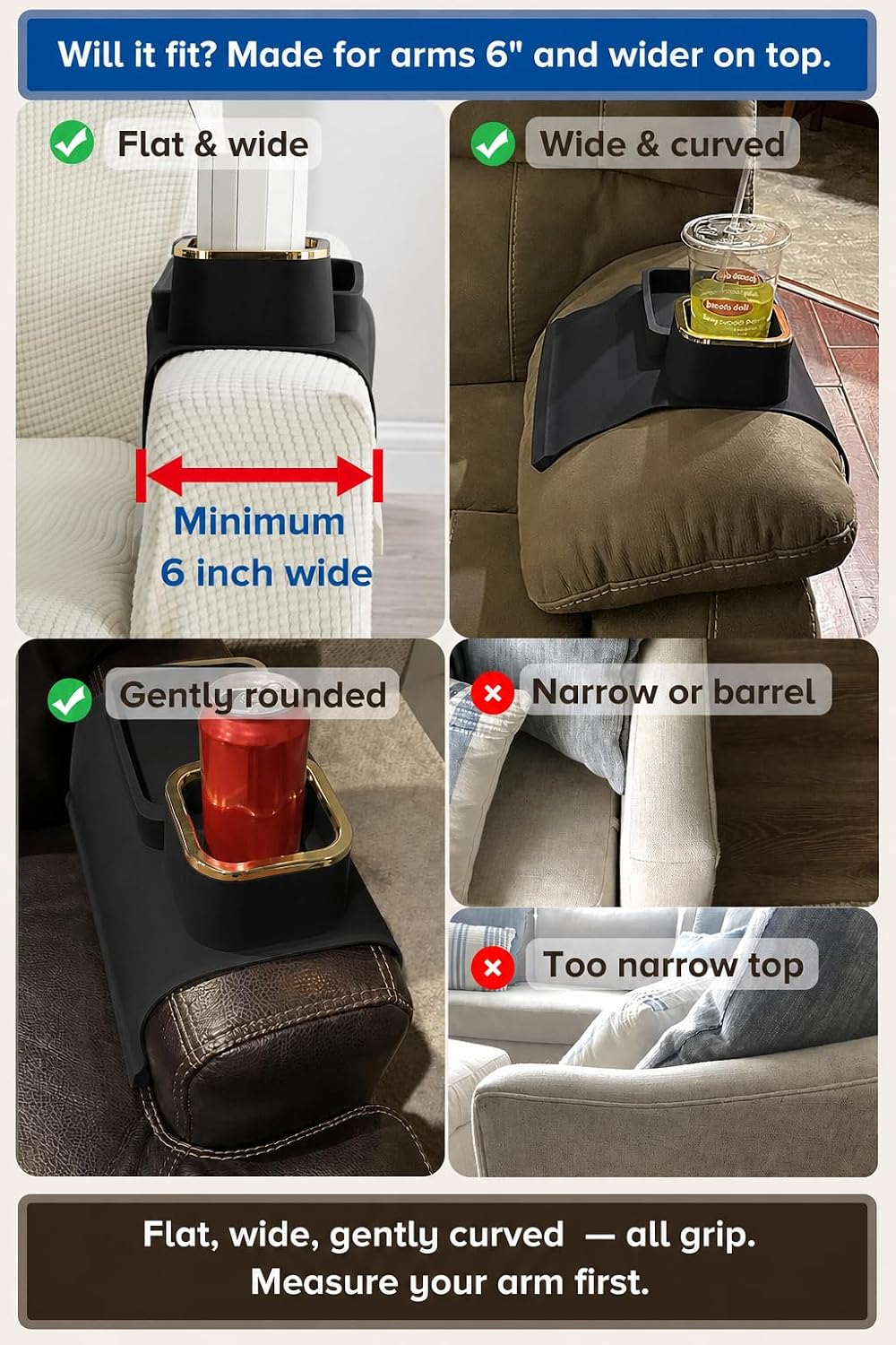 Couch Cup Holder Tray, Elimiko Silicone Anti-Spill and Anti-Slip Couch Drink Holder, Strong and Weighted Phone/Remote/Snacks Sofa Cup Holder (Black) - Image 3