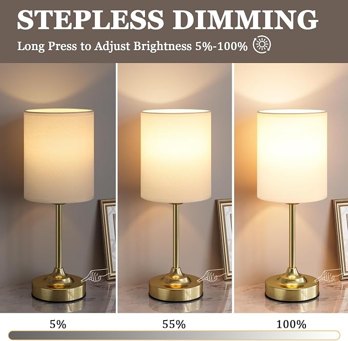 Touch Control Cordlss Table Lamp, USB-C Rechargeable Lamp with Stepless Dimming, 4000mAh Battery Operated Vintage Bedside Lamp for Bedroom, Living Room, Night Light & Emergency Lighting, Brass, 2 Pack - Image 2