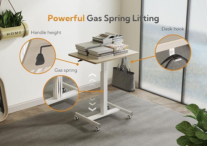 Claiks Mobile Rolling Desk Small Portable Laptop Cart on Wheels 28" Natural | Rolling Adjustable Desk, Lockable Wheels, Gas Spring Lift, Side Hook, Easy Assembly - Image 4