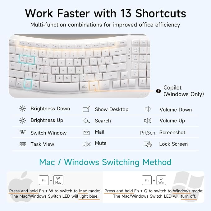 SANWA Wired Ergonomic Keyboard, Curved Wave Keyboard with Cushioned Wrist Rest, Compact Full-Size Layout, USB-A & C Port, 13 Shortcuts Keys, Natural Typing, Compatible with Win/Mac, Laptop, PC, White - Image 5
