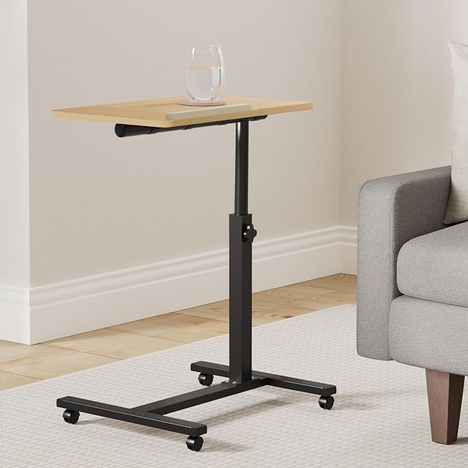 TigerDad Overbed Bedside Desk Mobile Rolling Laptop Stand Tilting Overbed Table with Wheels Height Adjustable Tray Table for Laptop Bed Sofa Side Table (Wood) - Image 2