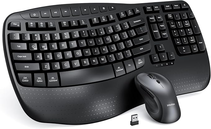 MEETION Wave Ergonomic Keyboard and Mouse Combo with Wrist Rest, Black | Natural typing Wave keyboard with 2.4G wireless receiver and adjustable 4 DPI optical mouse, compatible with Windows and Mac by MEETION