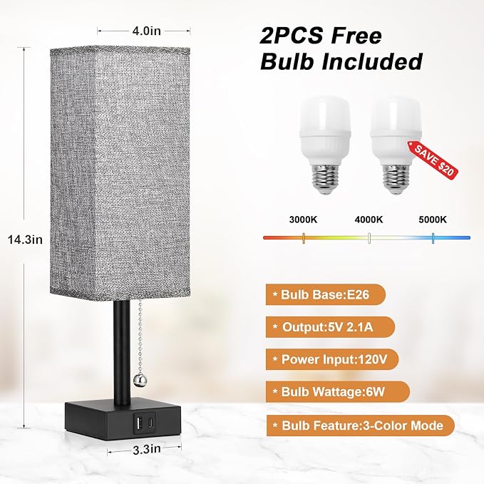 Set of 2 Grey Bedside Table Lamps for Bedroom - Nightstand Lamp, USB C+A | Pull Chain Lamp, 3 Color Modes(3000K/4000K/5000K), E26 LED Bulb Included, Square Grey Fabric Lampshade, for Read, Work, Dorm - Image 4