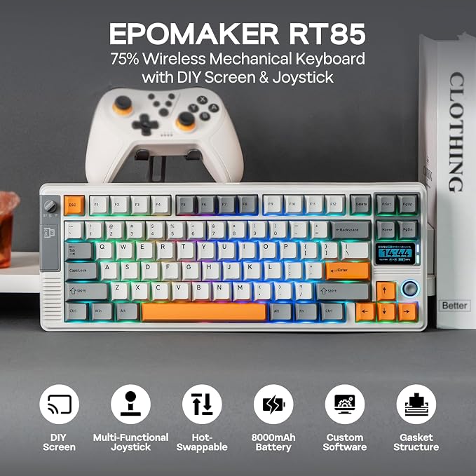 EPOMAKER RT85 Wireless Mechanical Keyboard with Joystick & DIY Screen | 8000mAh, BT/USB/2.4Ghz, Gasket, 5-Layer Paddings, Hot-Swap, PBT Keycap, 75% Gaming Keyboard (Retro White, Creamy Jade) - Image 2