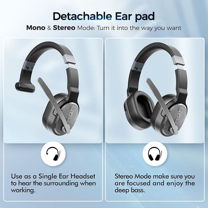COSMUSIS Trucker Bluetooth Headset, Wireless Headset with Mic for Work | Trucker Headset with Noise Cancelling Headphones, Long Battery Life Bluetooth Headphones with Detachable Earpad for Driving - Image 2