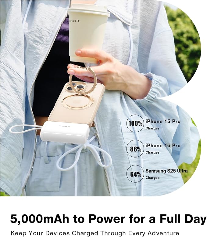 TORRAS iPhone 16 Portable Charger, 5000mAh 22.5W Power Bank with Built-in USB-C Cable, Fast Charge Battery Pack for iPhone 17/16/15, Galaxy S25, Google for Travel Outdoor Hiking Backup Battery, White - Image 5