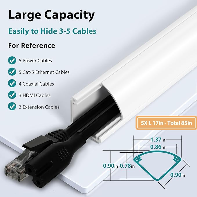 ZhiYo 85in Corner Cable Hider for 3-5 Cords, Wall & Floor Cord Hider White | Self-Adhesive Cable Concealer, 5 Pack (17" Each), Quarter Round Cable Management Raceway for Baseboards & Ceiling Corners - Image 2
