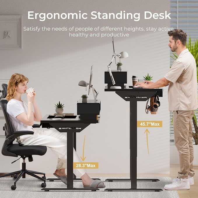 GTPLAYER Electric Standing Desk with Drawers, 55 x 24 Inch Height Adjustable Gaming Desk with Monitor Stand, Power Outlets & LED Lights, Home Office Sit Stand Up Desk with Memory Preset (Black) - Image 3