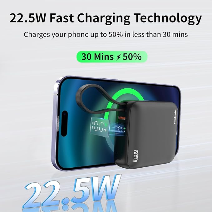 Hichain Small Portable Charger Mini Power Bank 10000mAh 22.5W Black | Built in Cables & LED Display USB-C Fast Charging Battery Pack, Travel Essential Power Bank for iPhone, iPad, Android - Image 2