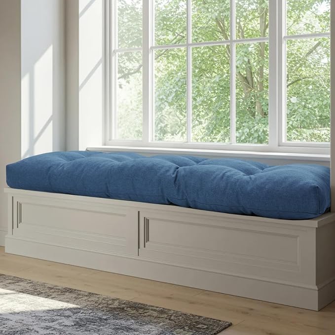 44 Inch Bench Cushions for Indoor Furniture | Super Soft Rectangle Bench seat Cushion Pad with Non-Slip Bottom, Waterproof Bench Pad for Window Porch(Blue, 44x19x4.5In) by WEOAVRY