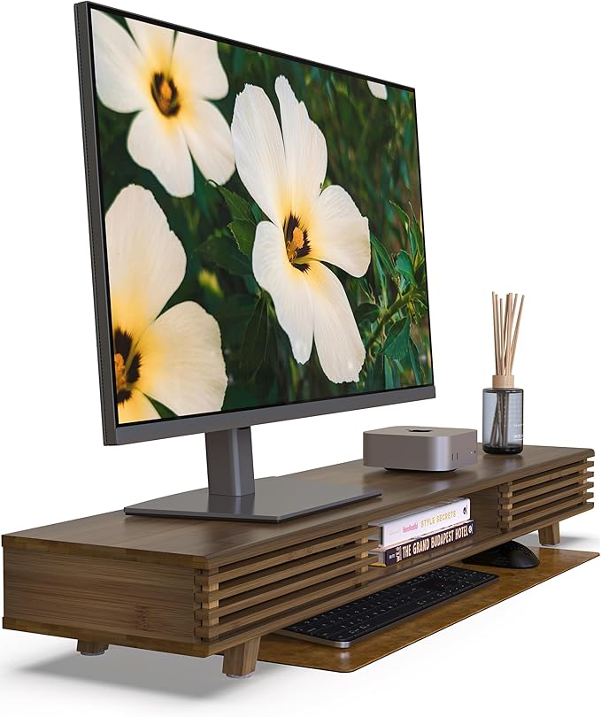 42" Dual Monitor Stand with Sliding Doors Desk Shelf Dark Bamboo | Ergonomic Relief Easy Assembly Solid Construction Cozy Workplace Computer Setup Desk Organizer High Load-bearing by WELLWENG