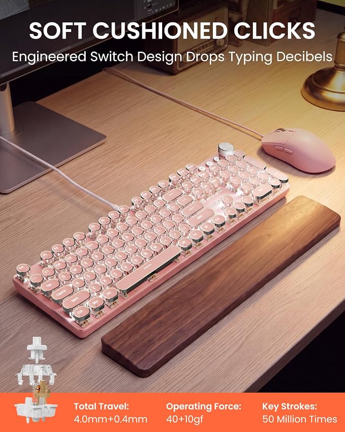 SEUNKWANG Wired Typewriter Keyboard and Mouse Combo, Retro Mechanical Keyboard with Multimedia Knob, White Backlit, Metal Panel, Low Noise Pink Switch Keyboard Mouse Set for PC Laptop - Pink - Image 2