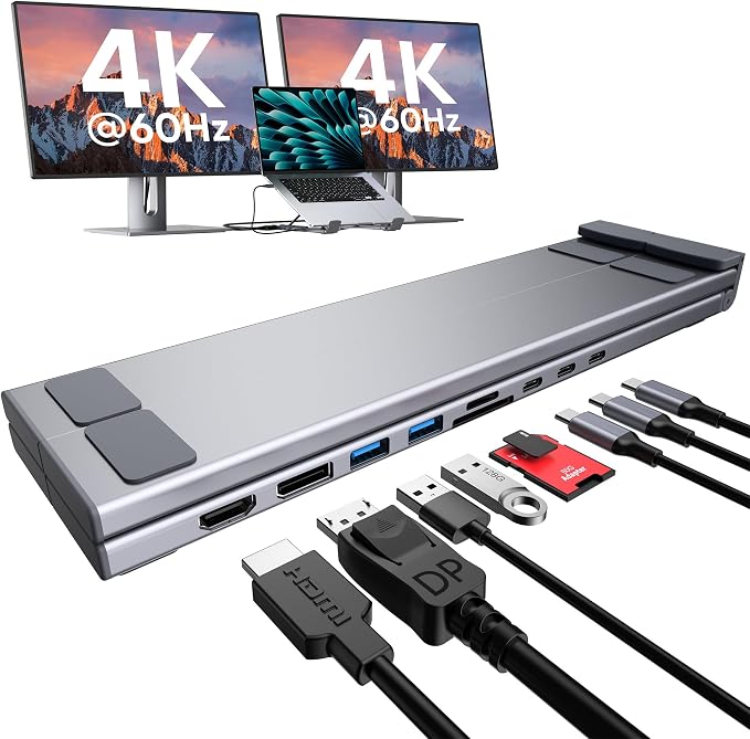 9 in 1 USB C Laptop Dock Stand with HDMI+DP,4K Dual Monitor PD 100W | Single 8K for Windows DP 1.4 or Dual 4K for Win and Mac,2 USB A 3.0, PD 100W, USB C 3.0+SD&TF for Mac Windows, Mac, ChromeOS by Mukiya