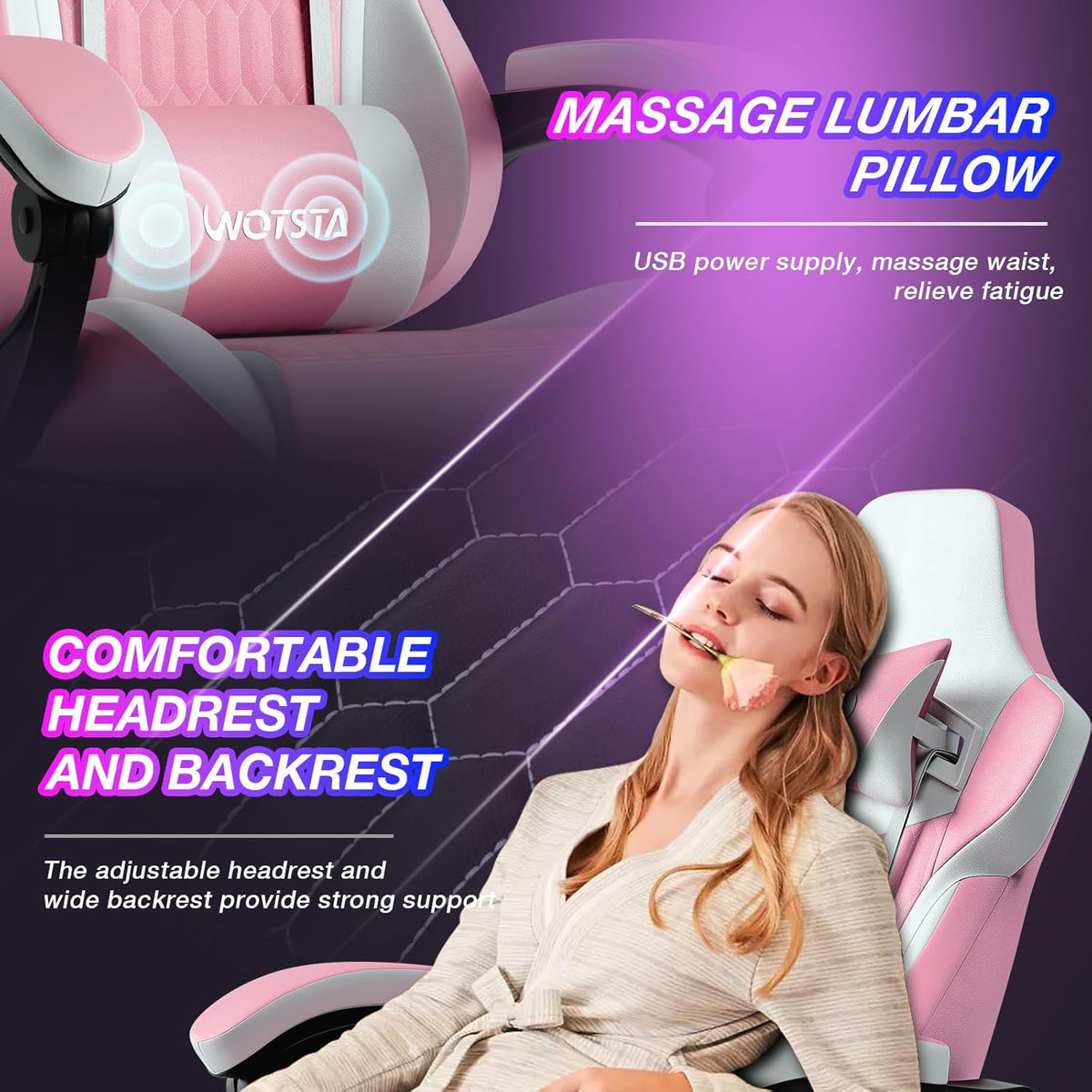 Gaming Chair with Footrest, High Back Gaming Chairs PVC Leather Ergonomic Gamer Chair with Adjustable Headrest Lumbar Support Racing Style Video Gaming Chair for Office/Home (Pink) - Image 6