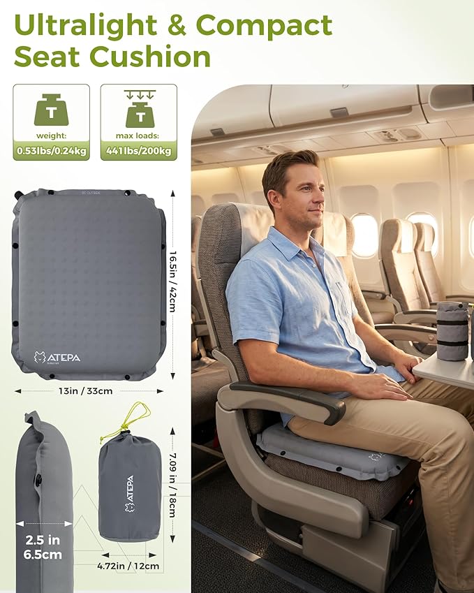 ATEPA Inflatable Seat Cushion | 2" & 2.5" Foam Core Seat Pad, Self Inflating, Compact, Stadium, Airplane, Travel, Camping, Hiking, Sports events - Image 2