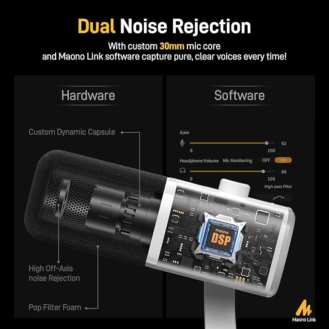 MAONO PD100X USB/XLR Podcast Microphone for PC,Gaming Streaming Dynamic Mic | Noise Reduction,Tap to Mute,Custom RGB, Maono Link Support,Volume & Gain Control,Desktop Stand,for Computer Recording, White - Image 4