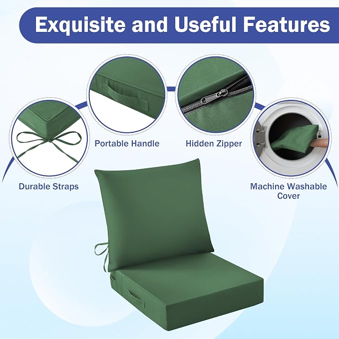 Outdoor Chair Cushions, 24 x 24 Inch Outdoor Cushion for Patio Furniture, Patio Chair Cushion, Waterproof & Fade Resistant Deep Patio Furniture Cushion Set with Handle and Ties, ForestGreen (Set of 4) - Image 5