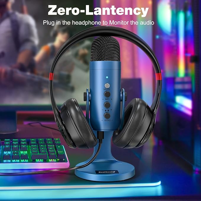 ZealSound Podcast Microphone for PC, Noise Cancellation USB Mic with Gain, Volume Adjustment & Mute Button, Monitoring & Echo, for YouTube, TikTok, Podcasting, Streaming, iPhone, iPad, Android(Blue) - Image 4