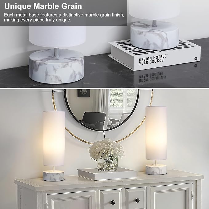 Touch Table Lamp with Marble-Grain Metal Base, 3 Way Dimmable Bedside Lamp | Modern Minimalist Desk Lamp with White Shade, Nightstand Night Light for Bedroom Living Room Home Office, LED Bulb Included - Image 6