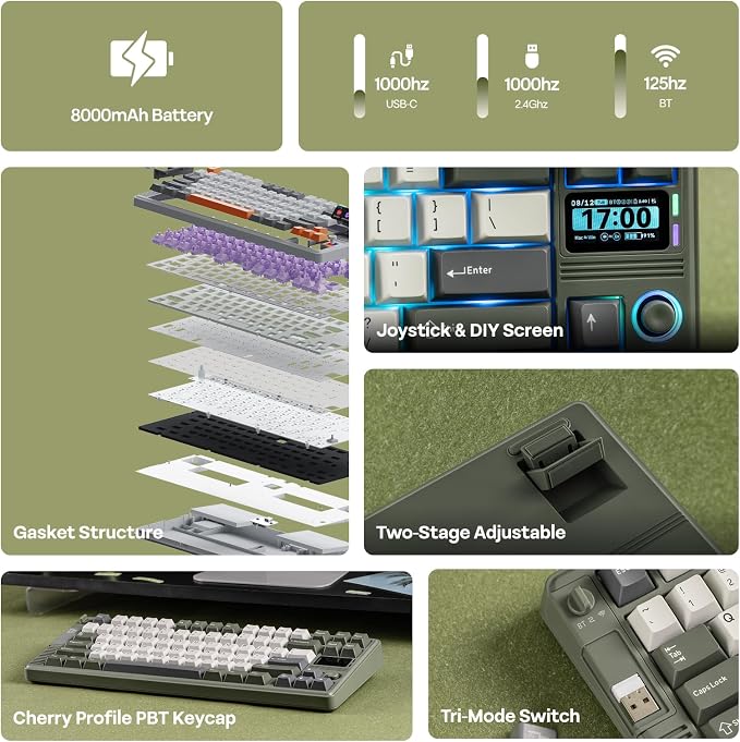 EPOMAKER RT85 Wireless Mechanical Keyboard with Joystick & DIY Screen | 8000mAh, BT/USB/2.4Ghz, Gasket, 5-Layer Paddings, Hot-Swap, PBT Keycap, 75% Gaming Keyboard (Army Green, Creamy Jade) - Image 3