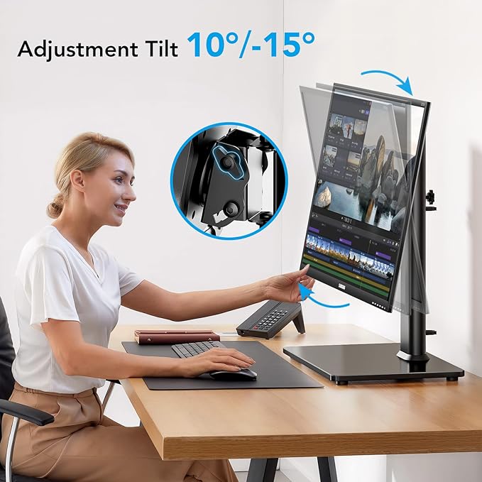 Single Monitor Desk Stand Free-Standing Desk Mount Arm Riser for 13 inch to 32 inch Screen Freestanding VESA Mount Base, Adjustable Height, Tilt, Swivel, Rotation, Black AX05TB01 - Image 5