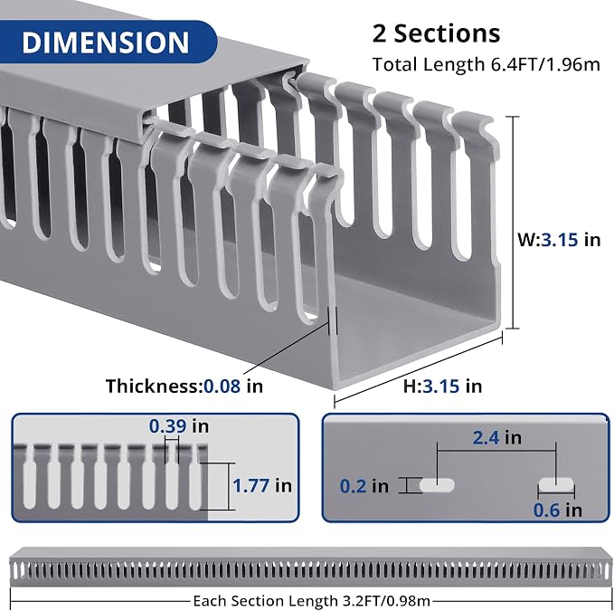 ZhiYo 3" H x 3" W Cable Raceway, Under Desk Wire Management Channel Grey | Slotted Wire Duct, 2 Pack(3.3ft Each), Heavy-Duty PVC Cable Management for Server Racks, Network Cables & Electrical Cabinets - Image 2