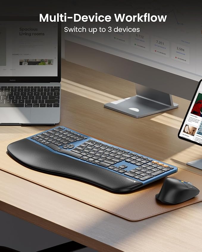 ProtoArc EKM01 Plus Wireless Ergonomic Keyboard Mouse Combo - Blue | Full-size Split Keyboard with Cushioned Wrist Rest, Ergonomic Mouse, 3-Device Bluetooth/2.4G, USB-C Rechargeable - Image 6