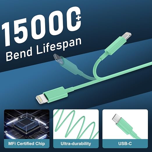 Phone 14 13 12 11 Fast Charger,10FT Long Phone Chargers Fast Charging Lightning Cable with 20W USB C Charger Block for Phone 14/14 Pro Max/13/13 Pro Max/12/12 Pro Max/11/11Pro/XS/Max/XR/X,Pad,Green - Image 6