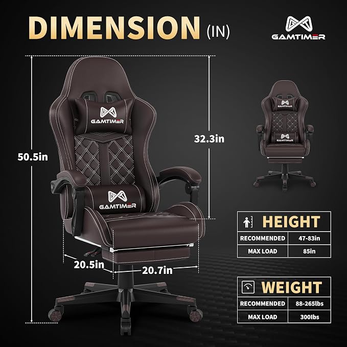 Gamtimer Gaming Chair, 400 LB Weight Capacity,with Pocket Spring Cushion | Ergonomic Backrest Office Chair,Leather, with Headrest and Lumbar Support, Footrest, Suitable for Adults(Brown) - Image 3