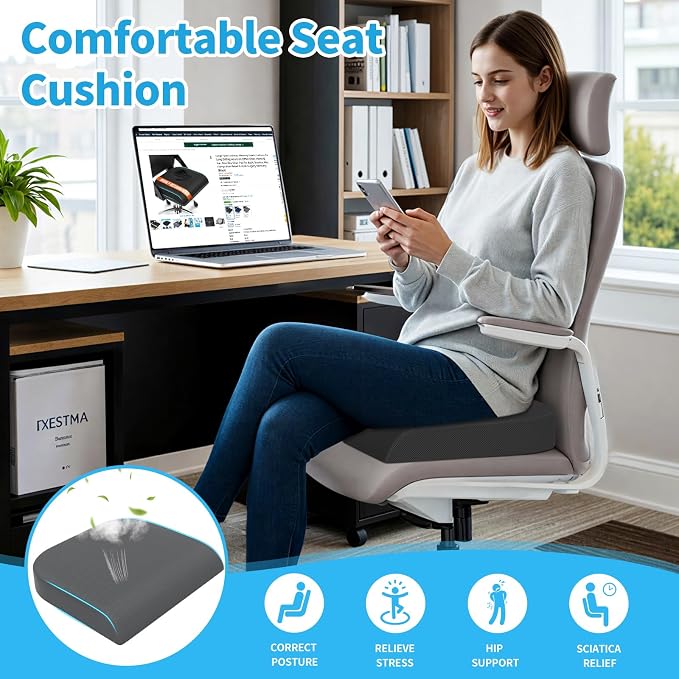 TranquilRelax 2XL Memory Foam Seat Cushion for Office Chair, 3.7-Inch, Gray | Medium-firm Support for Long Sitting, Washable Mesh Cover, Non-slip Base, Perfect for Car Seats & Short Drivers - Image 7