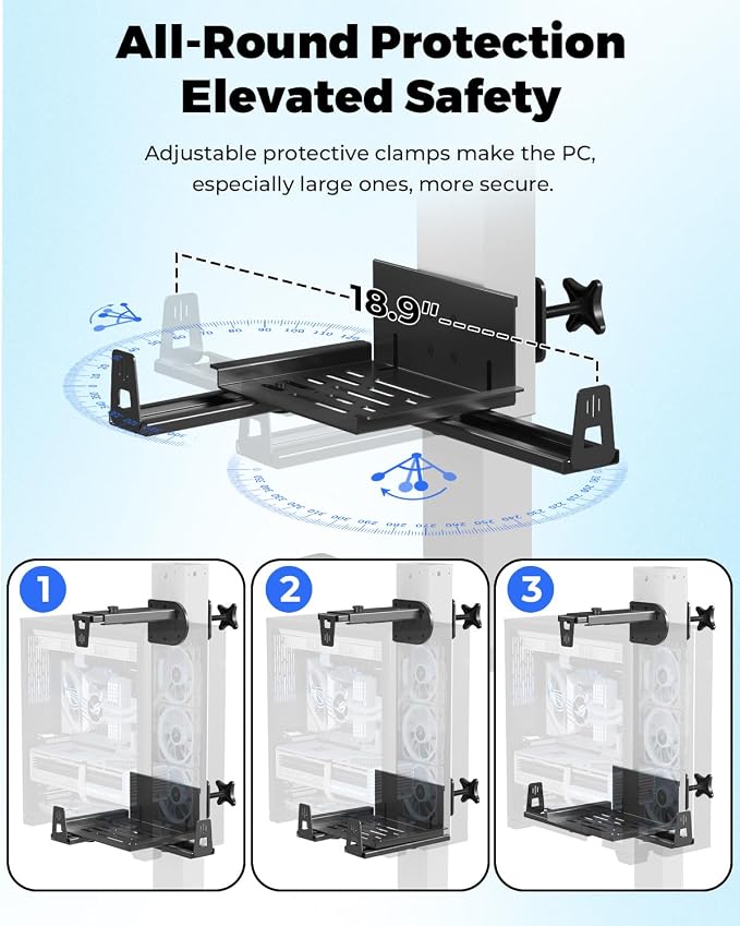 JOY worker Under Desk PC Mount with Protective Arms, Clamp-On Leg CPU Mount | No Drilling, Clamp-On Desk Leg, Black Adjustable Standing Desk PC Mount Holds Up to 44lbs, Under Desk Computer Tower Holder - Image 4