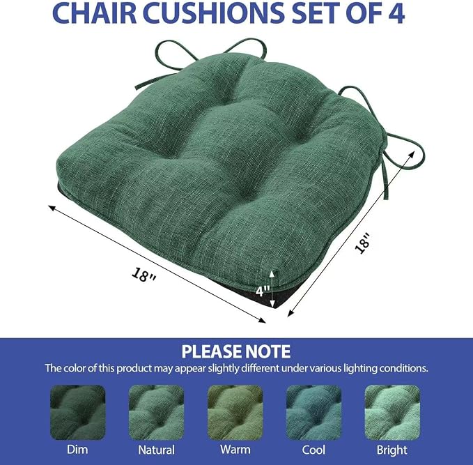 IPYNBAP Chair Cushions for Dining Chairs Set of 4, Kitchen Chair Cushions, Chair Pads with Ties Non Slip Backing, Christmas Room Decor, Tufted Memory Foam Seat Cushion 4 Pack, 18"x18"x4", Dark Green - Image 3