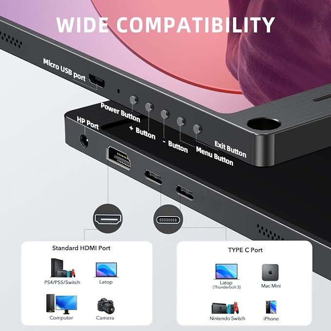 UPERFECT Portable Monitor, 15.6" IPS 1920X1080 FHD Eye Care Travel Screen | USB C, HDMI, Dual Speaker, VESA, Gaming Monitor, External Monitor for Laptop PC Phone w/Case - Image 3
