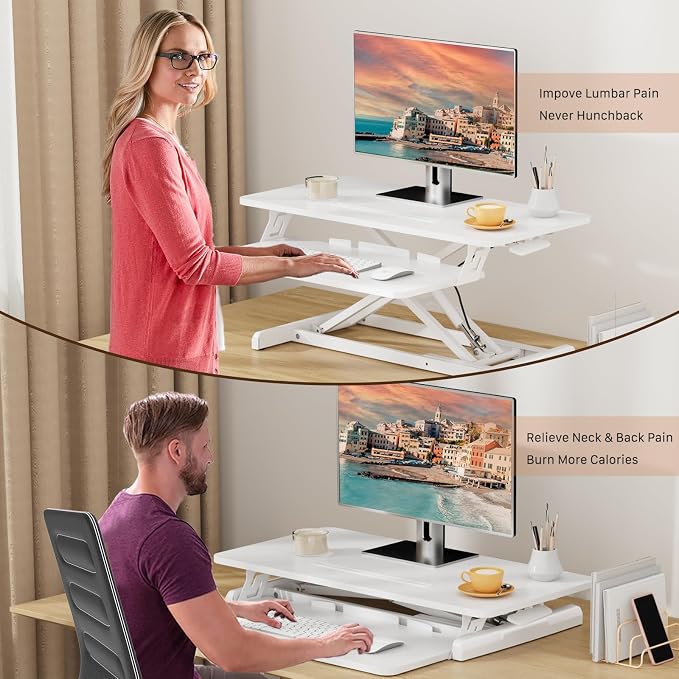 JOY worker 32" Standing Desk Converter, Height Adjustable Stand Up Riser | White Desktop Sit to Stand Riser with Fixed Keyboard Tray, Monitor and Laptop Workstation, Particle Board, for Home Office - Image 5